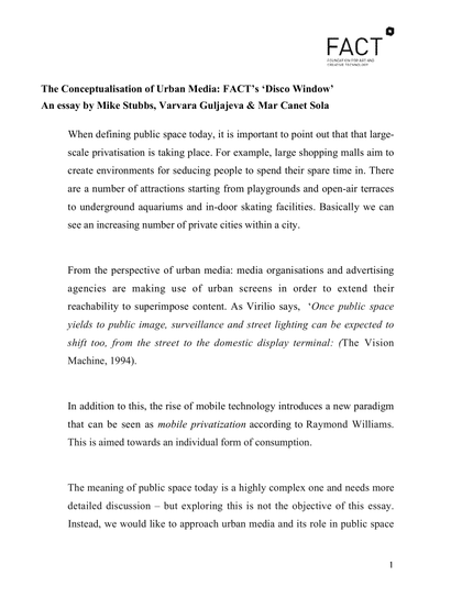 Thumbnail for The Conceptualisation of Urban Media: FACTâs âDisco Windowâ.