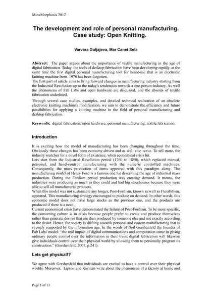 Thumbnail for The Development and Role of Personal Manufacturing. Case Study: Knitic.